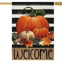 Welcome Fall House Flags for Outdoor Decoration Black Stripes with Pumpkins Large Yard Flag,Seasonal Decorative Decor for Thanksgiving Harvest Autumn Holiday Outside 28x40 Inch Double Sided