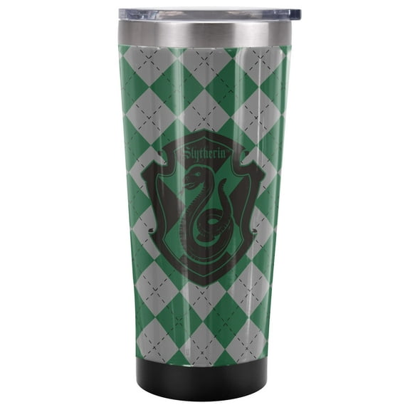 Harry Potter Official Slytherin Plaid Sigil 20 oz Travel Tumbler, Stainless Steel, Vacuum Insulated with Leak Resistant Slide-Lock Lid