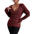 thumbnail image 2 of Duoif Sweaters for Women Trendy Women's Fall and Winter Solid Color V Neck Comfort Fit Knit Off The Shoulder Casual Pullover Sweater Women's Sweaters Womens Tops Wine L, 2 of 8