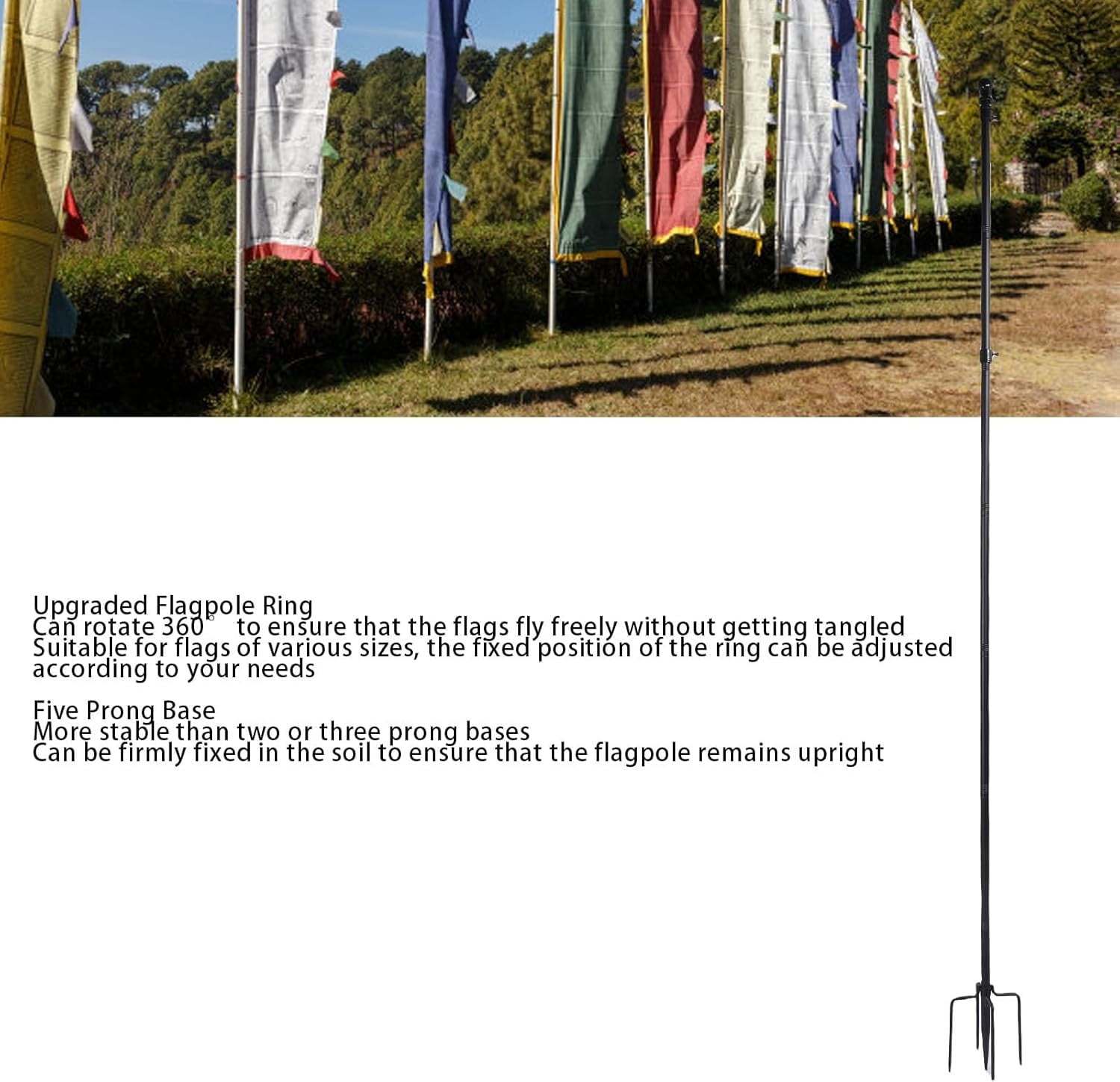 Flag Poles for Garden and Yard, 10 Ft Thickened Stainless Steel Ground Flag Pole with 5-Prong Base, Adjustable Height