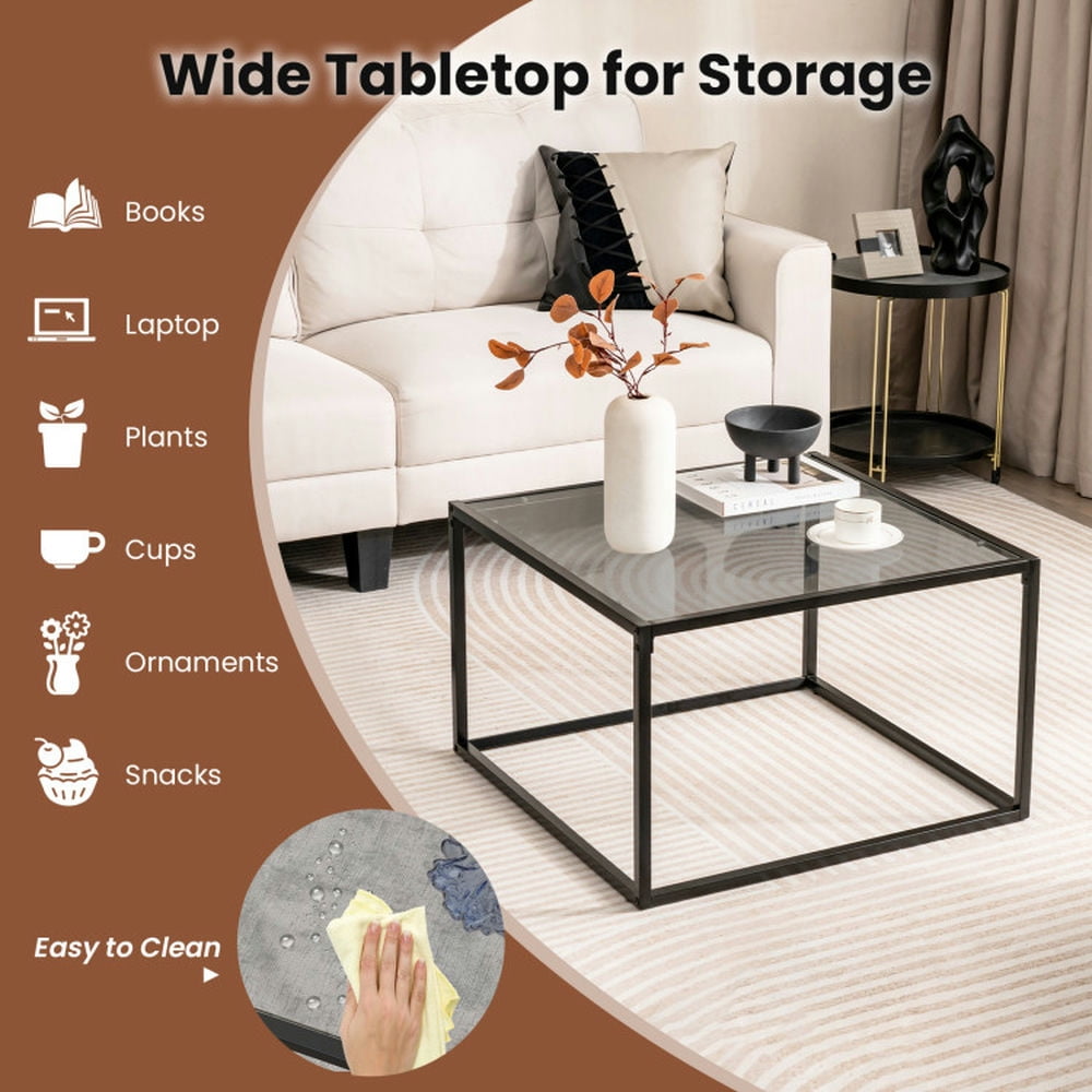 Finihen Coffee Table, Tempered Glass Coffee Table, 27.5 Inch Home Square Tea Table with Heavy-duty Metal Frame, for Living Room, Reception Room, Gray