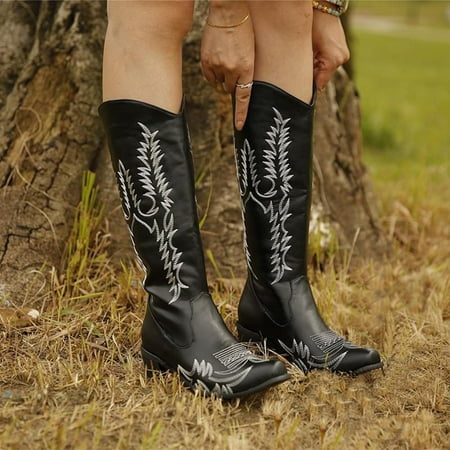 

Hvyes Christmas Gifts Women Fashion Embroidery Riding Boots Casual Warm Long Tall Wide Mid Calf Heels Boots Shoes