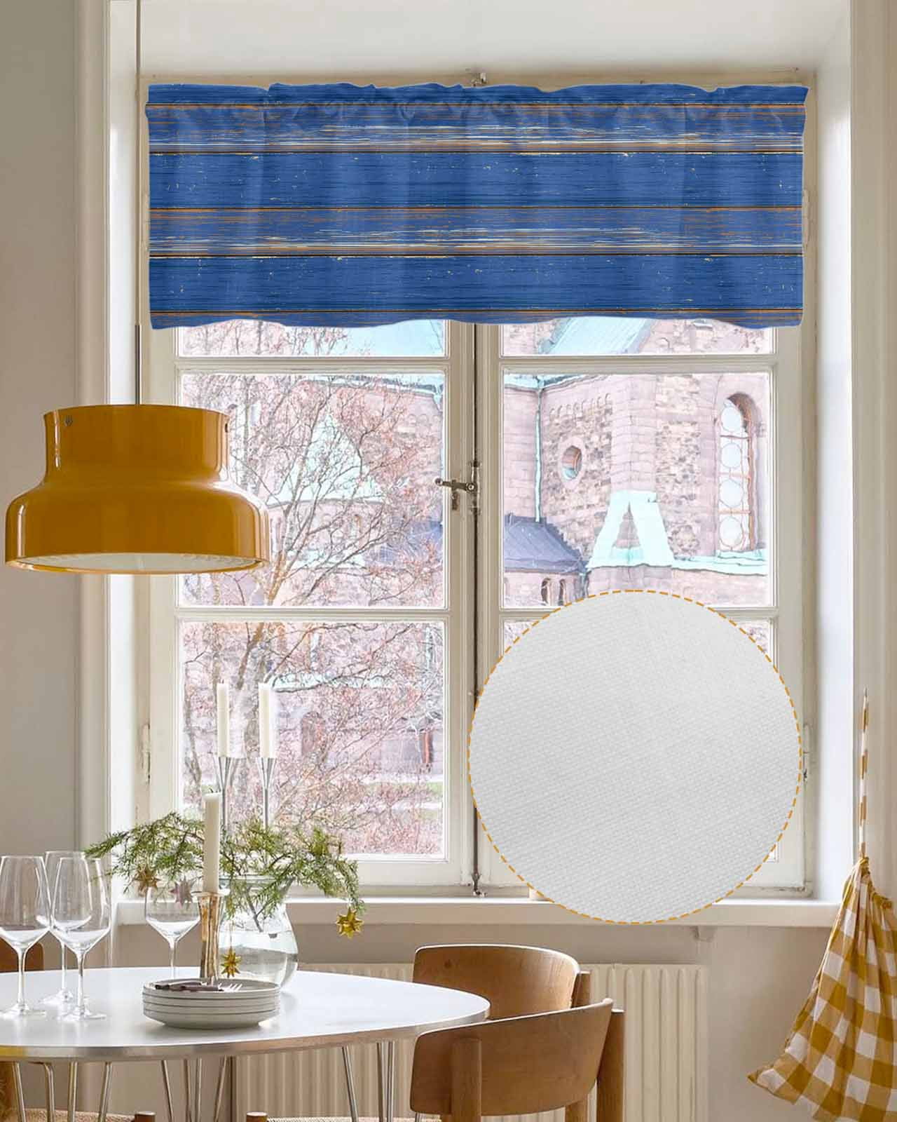 Blue Wooden Grain Kitchen Valances for Windows Farmhouse Linen Window Valance Curtain for Living Room Window Treatment Farmhouse Mottled Planks Country Valance Rod Pocket Topper Drape, 60 x 18 Inch