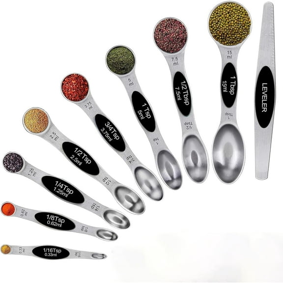 9-Piece Magnetic Measuring Spoons Set, Dual-Sided Stainless Steel with Leveler, Black, Fits in Spice Jars