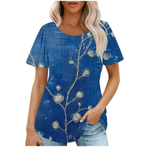 Womens Summer Floral Tops Short Sleeve Boho Shirts Dressy Casual Round Neck Tunic Loose Tee Blouses