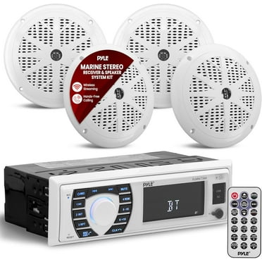 Pyle Marine Bluetooth Radio Receiver & 4 Speaker Set with Mic, Remote & Wiring - White PLMRKT38W