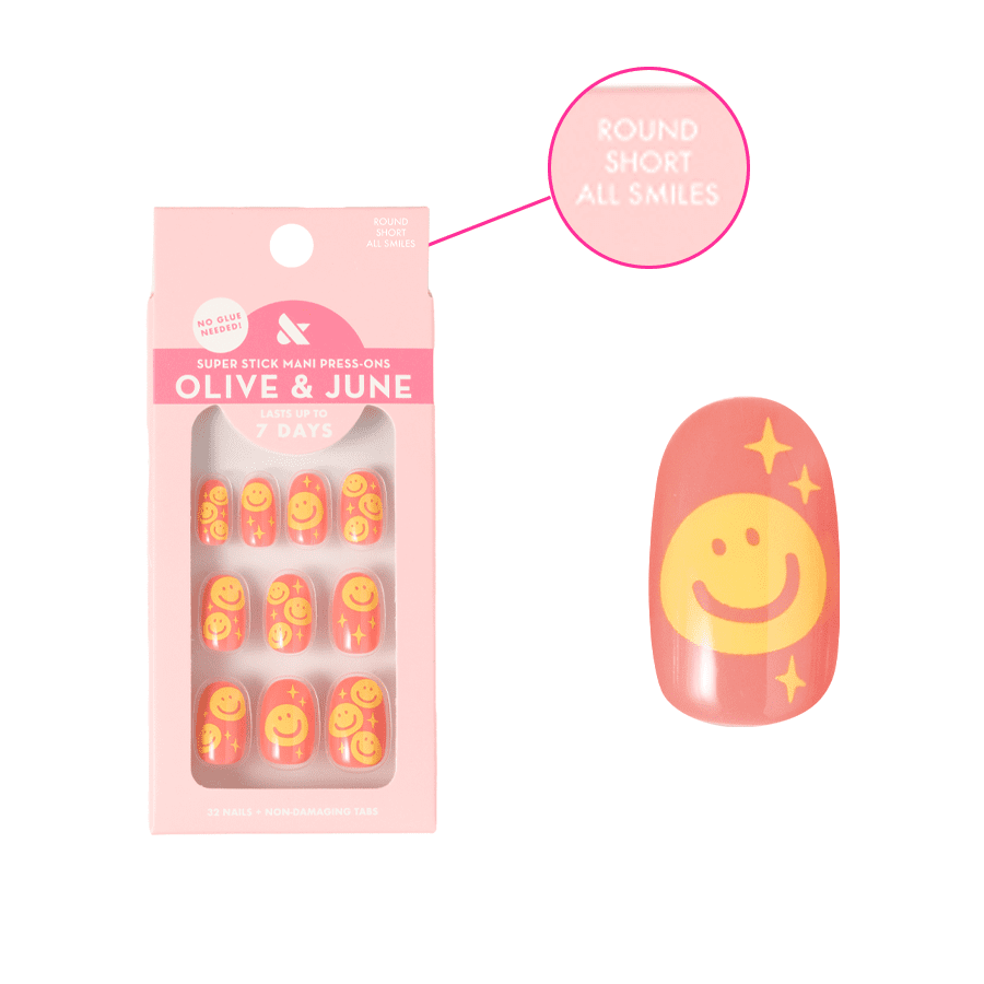 Olive & June Super Stick Mani Round Short Press-On Tabs, Happy All Over, 32 Pieces