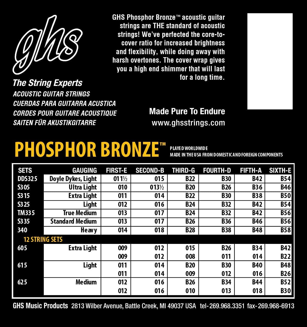 GHS Strings S335-5 Phosphor Bronze Acoustic Guitar Strings, Medium, 6 Pack (.013-.056)