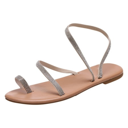 CHOII 50% Clearance Women s Fashion Summer Boho Flat Non Slip Sandals Beach Casual Shoes Rhinestone Thong Sandals Flip Flops Ankle Strap Sandals Comfort Sandals Beige/7.5