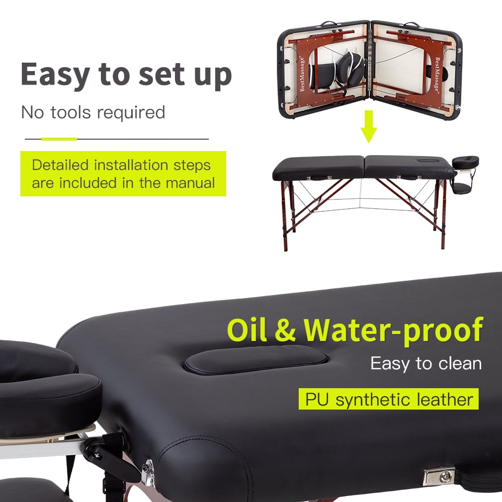 BestMassage 2 Fold Height Adjustable Portable 77" x 30"x3" PU&Sponge Deluxe Backpack Black Table