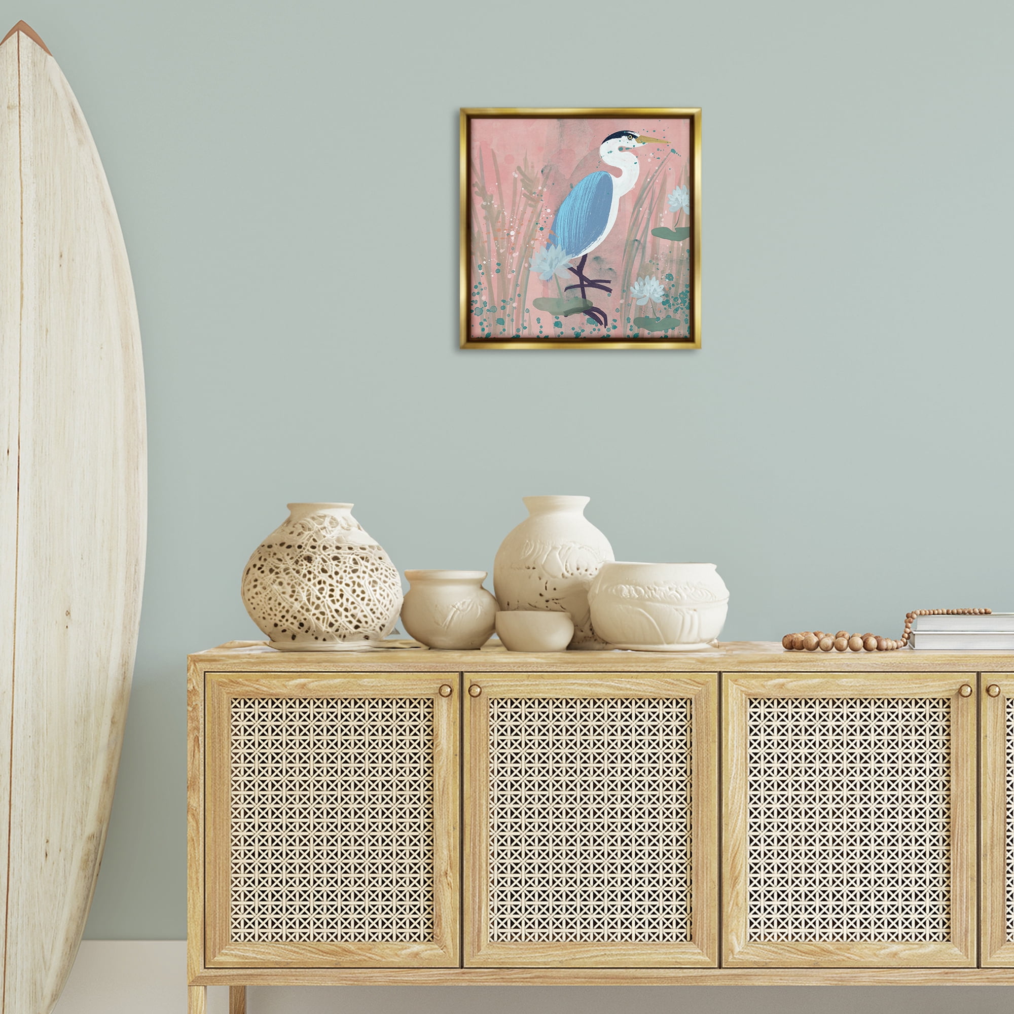Stupell Industries Coastal Bird with Lotus Flowers Animals & Insects Painting Gold Floater Framed Canvas Art Print Wall Art, 18 x 18
