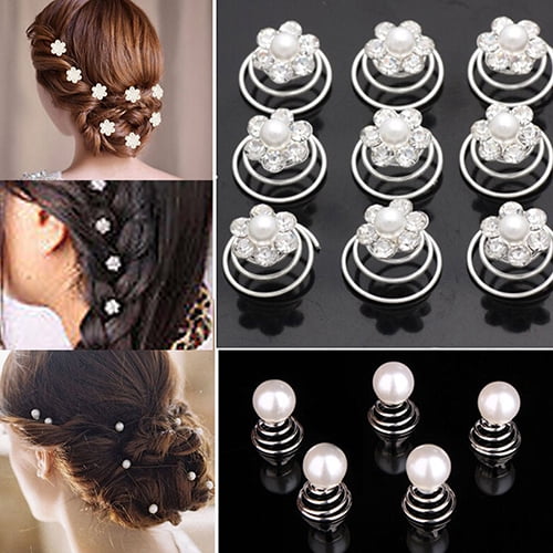 12pcs Women Bride Flower Rhinestone Pearl Hair Pins Headwear Spiral Hair Clips 