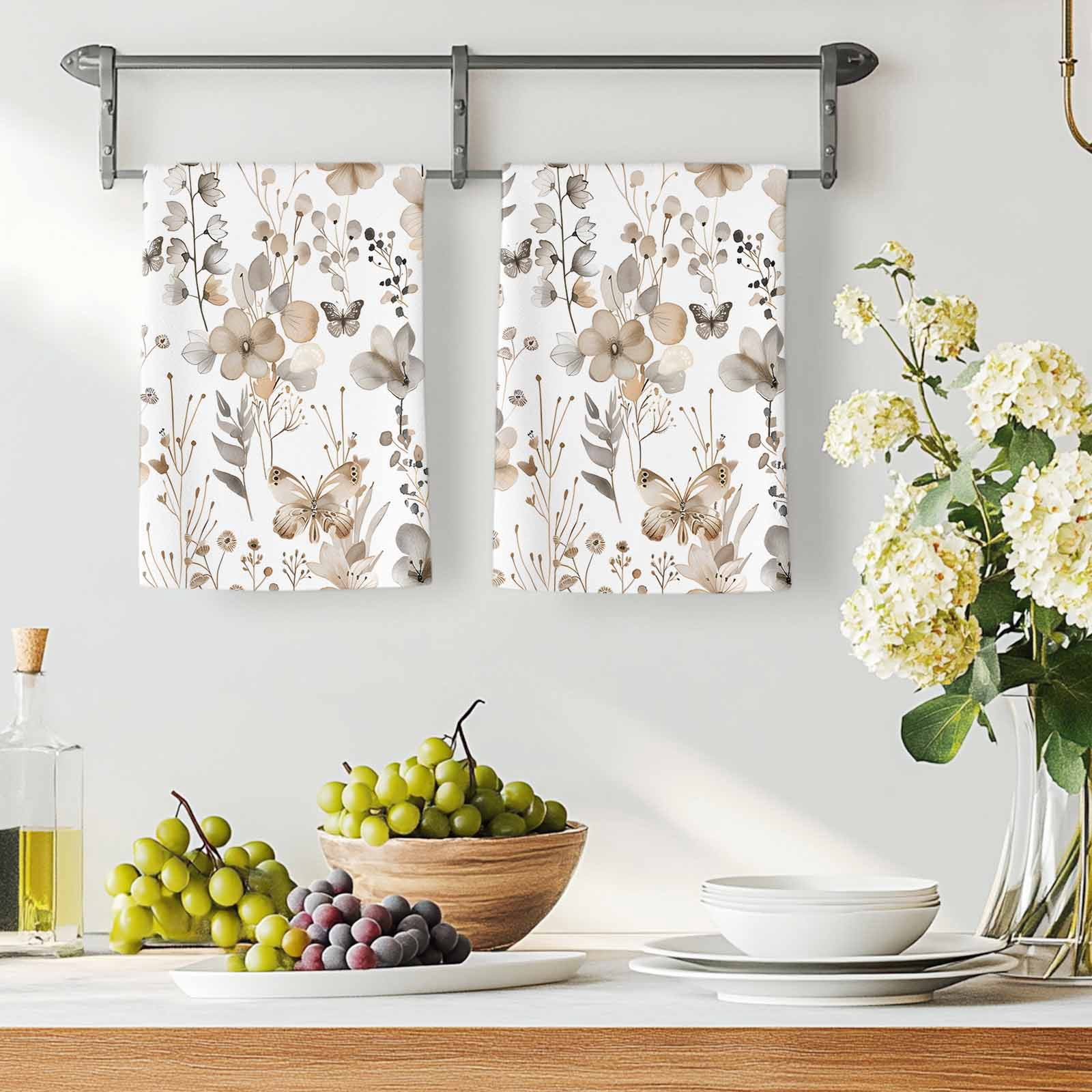 Brown Grey Floral Spring Kitchen Towels Set of 2, Watercolor Botanical Butterfly Absorbent Dish Towels for Kitchen, Microfiber Hand Towel, Quick Drying Tea Towel for Cleaning Decorative Dishcloths