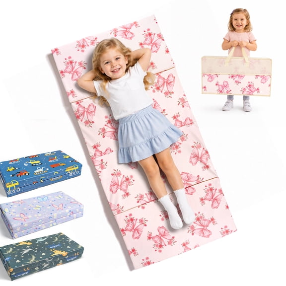 Zenkitch Kids Vinyl Nap Mat with Carry Bag, 48" x 23" Trifold Toddler Rest Mat, Waterproof & Wipeable, Pink Bow