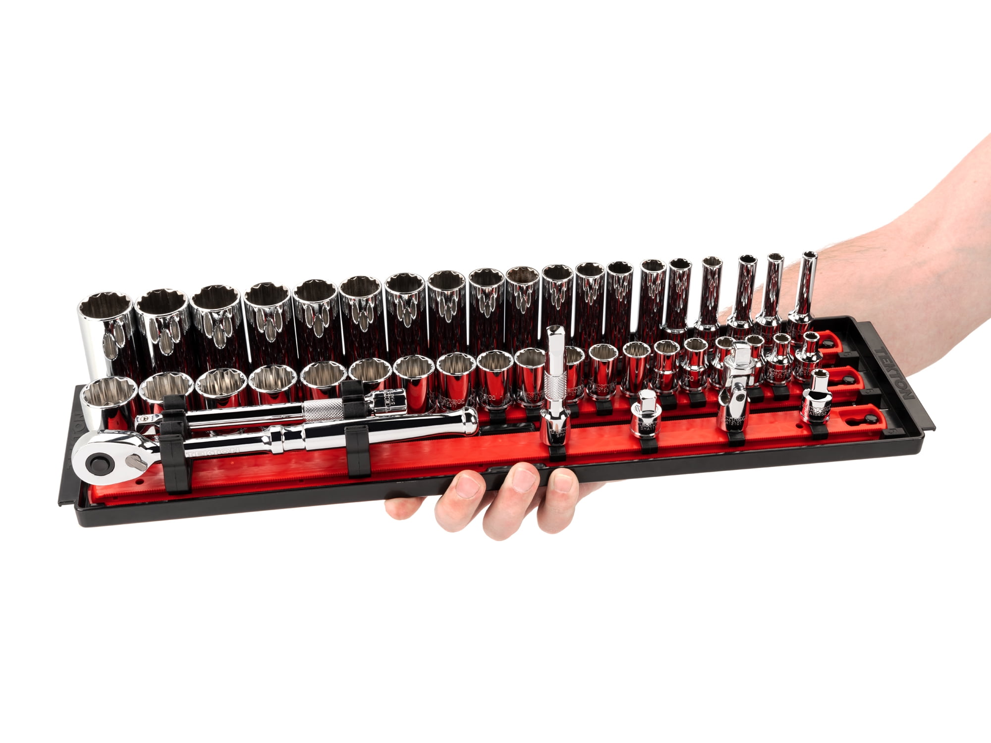 TEKTON 3/8 Inch Drive Shallow and Deep 12-Point Socket and Ratchet Set with Rails and Trays, 74-Piece (1/4 - 1 in., 6 - 24 mm) | SKT13302