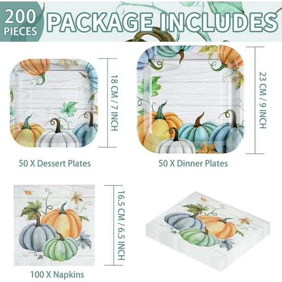 RFGBRG-200Pcs Fall Plates and Napkins Square Blue Pumpkins Plate Thanksgiving Paper Plates Pumpkin Wood Grain Dinnerware for Baby Shower Fall Harvest Family Thanksgiving Party Decorations, Serves 50