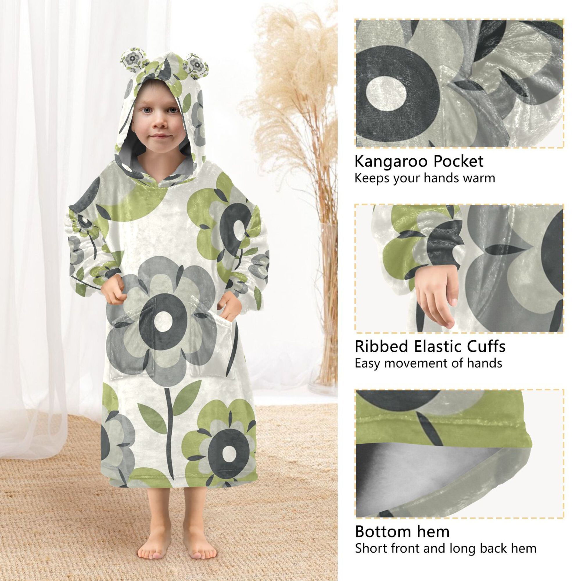 FORMRS Wearable Blanket Hoodie with Sleeves for Kids Cozy Flannel Sweatshirt, Retro Flower