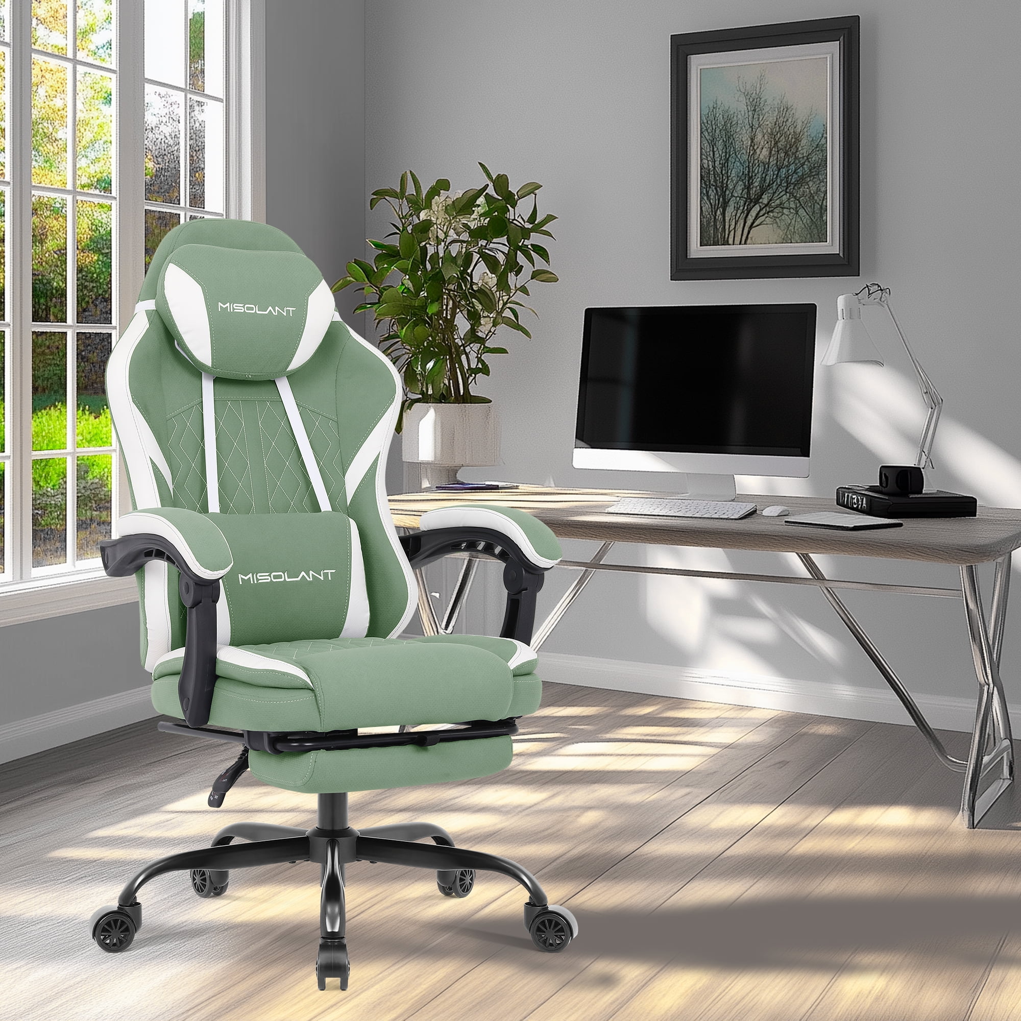 Misolant Gaming Chair, Fabric Gamer Chair with footrest for Adults, High Back Ergonomic Computer Game Chair with Adjustable Headrest and Massage Lumbar Support, 90-155° Recline Free，Green