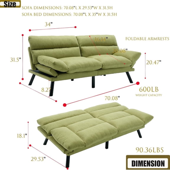 Modern Linen Velvet Convertible Folding Futon Couch Sofa Bed Adjustable Pillow Top Arm Memory Foam Couch Double Loveseat Sofa for Compact Living Space