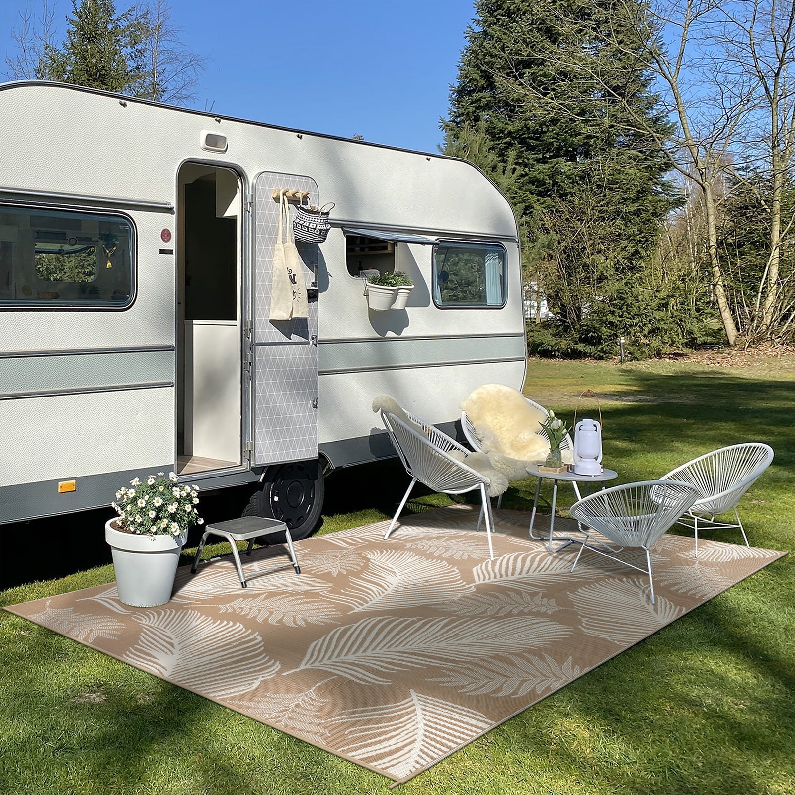 LOKHOM 6' x 9' Beige Outdoor Rug, Waterproof, UV-Resistant, Reversible Plastic Straw Rug for Patios, Porch, RV, Beach