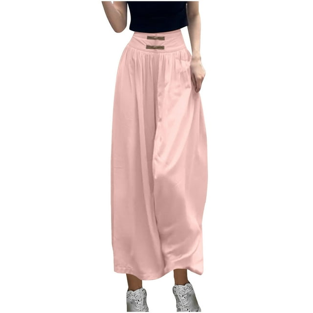 Timegard Womens Wide Leg Pants Elastic High Waist Ruched Fall Lightweight Travel Trousers with Pockets