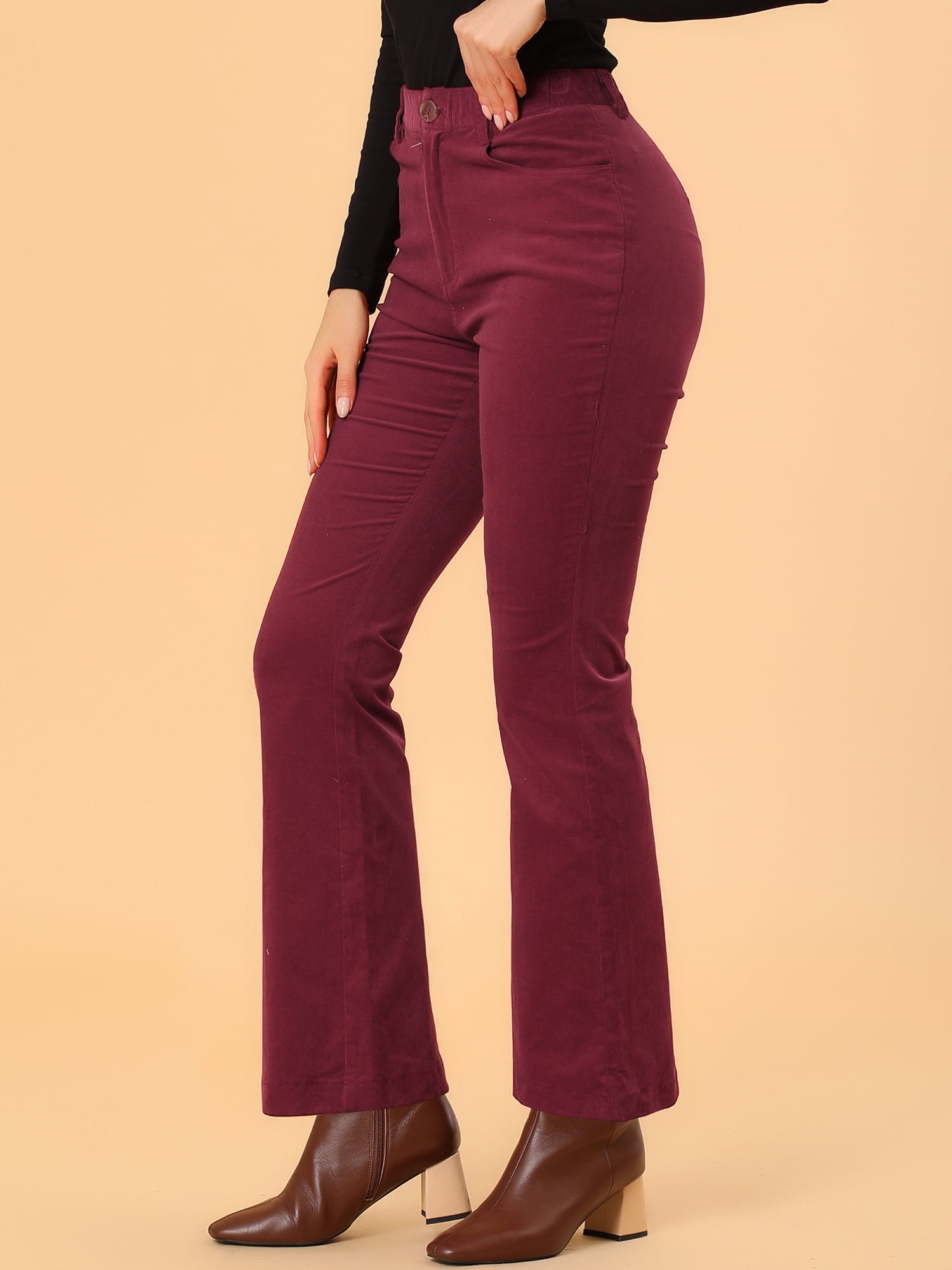 Unique Bargains Women's Corduroy Flare Pants Elastic High Waist Bell Bottom Trousers XS Burgundy