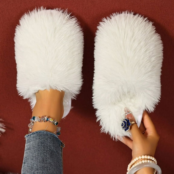 Women's Slip on Fuzzy House Slippers Faux Fur Lined Anti-Skid Rubber Sole Bedroom Cozy Indoor Outdoor Slippers Solid Color Collarette House Shoes Hotel Travel Home Footwear