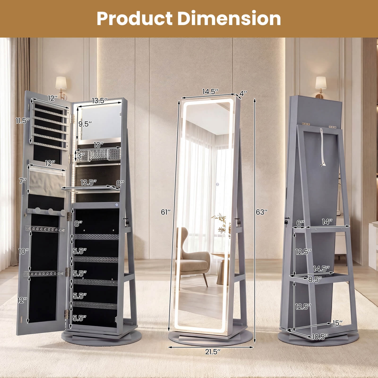 Costway 360° Swivel Jewelry Cabinet with LED Lights, Full-Length Mirror & Makeup Mirror Gray