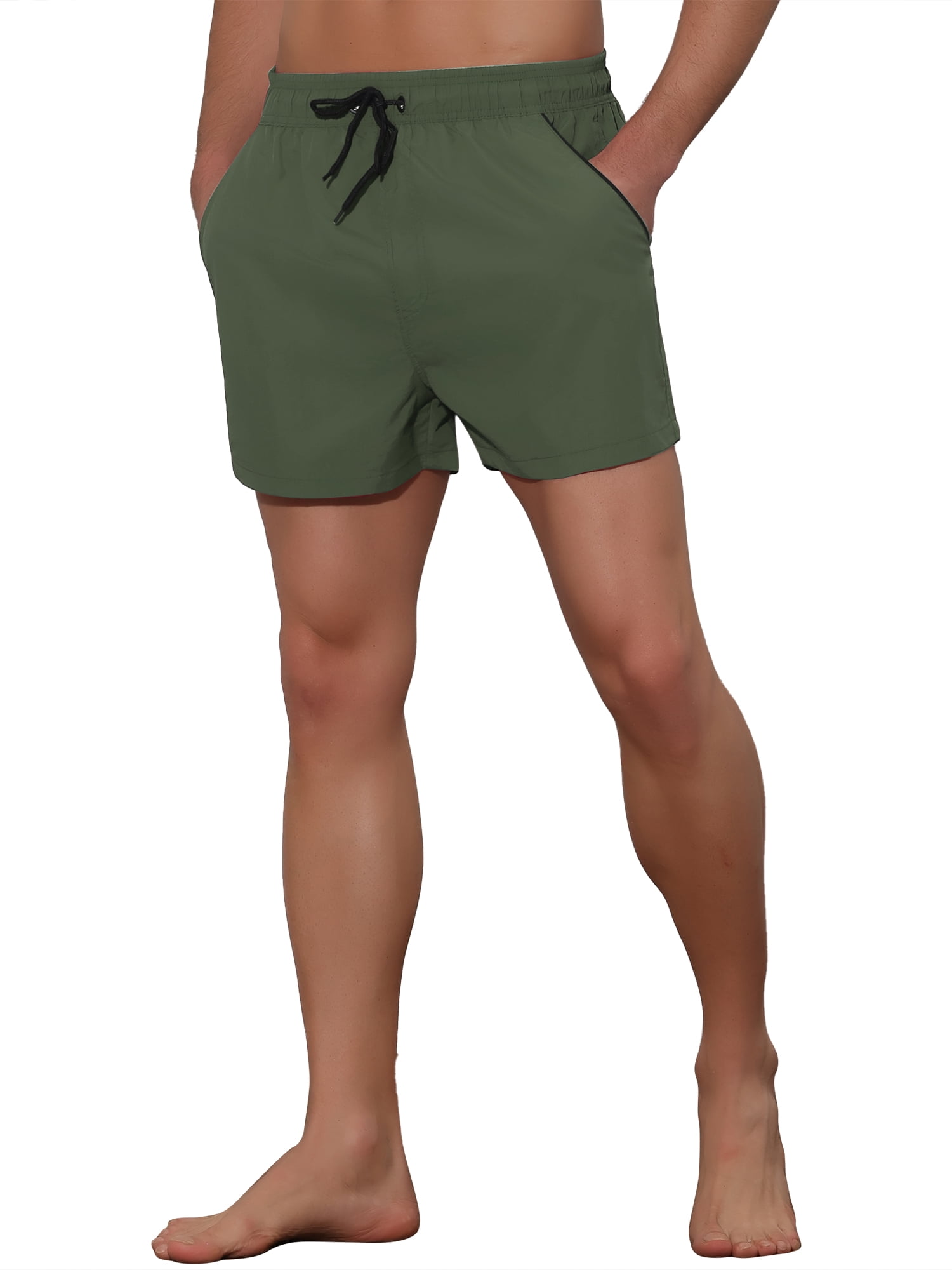 Unique Bargains Men's Vacation Solid Color Drawstring Elastic Waist Swim Short Green 36