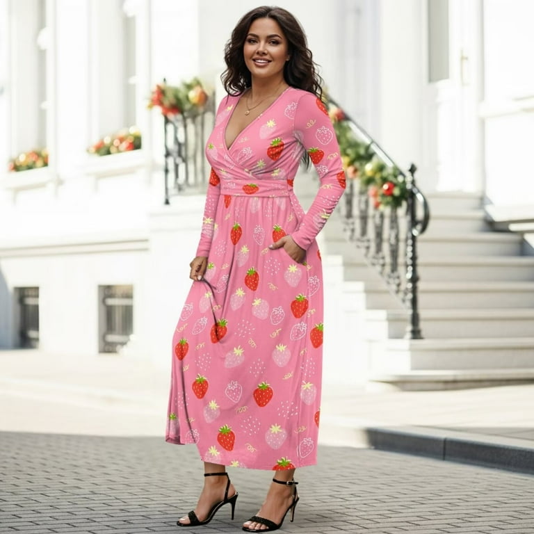 Fkelyi Womens Long Sleeve Fall Dress Pink Strawberry Print V Neck Maxi Casual Dress with Pockets Soft A-Line Flowy Tiered Waist Dresses for Ladies, S,