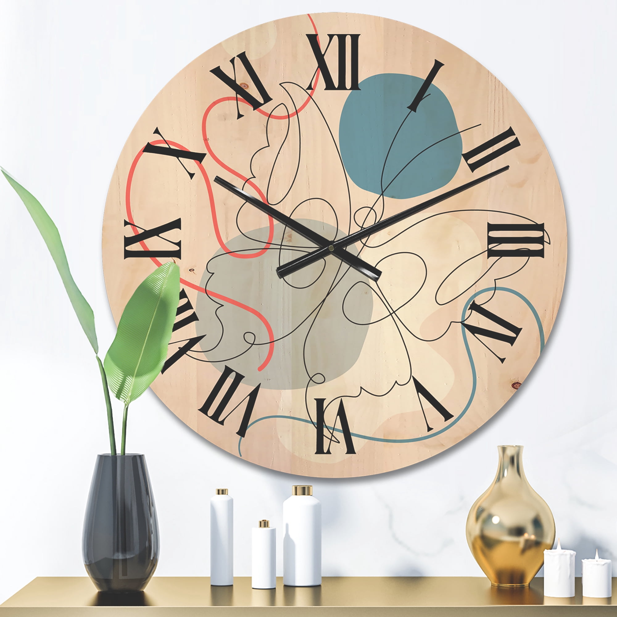 Designart 'Butterfly With One Line Drawing On Cubism Shapes I' Modern Wood Wall Clock