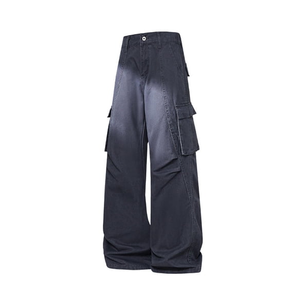 Men Cargo Pants Button Zipper Wide Leg Solid Color Trousers Loose Casual Athletic Outdoor Clothes With Pockets (XL, Navy-A)
