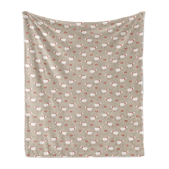 Polar Bear Soft Flannel Fleece Throw Blanket, Cartoon Ice Skating Bear Scarf Winterland Heart Mug Snowflakes, Cozy Plush for Indoor and Outdoor Use, 50" x 60", Pale Sepia Vermilion, by Ambesonne