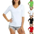 thumbnail image 2 of Fanxing 2025 Elbow Length Sleeve Tshirts Women's Plus Size Tops White V Neck T-Shirts Dressy Casual Tunic Blouses White,XXL, 2 of 7