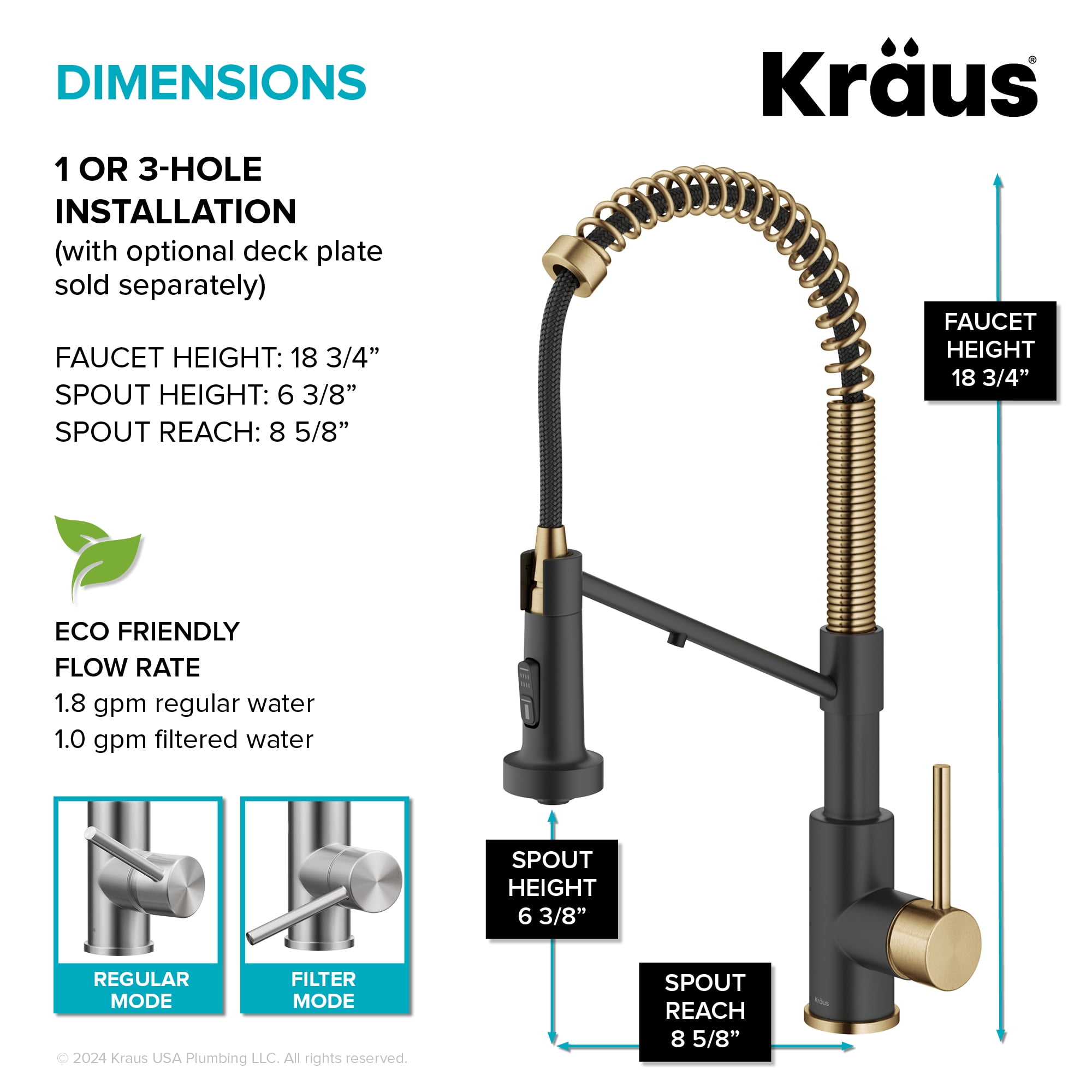 KRAUS Bolden 2-in-1 Commercial Style Pull Down Single Handle Water Filter Kitchen Faucet for Reverse Osmosis or Water Filtration System in Brushed Brass / Matte Black