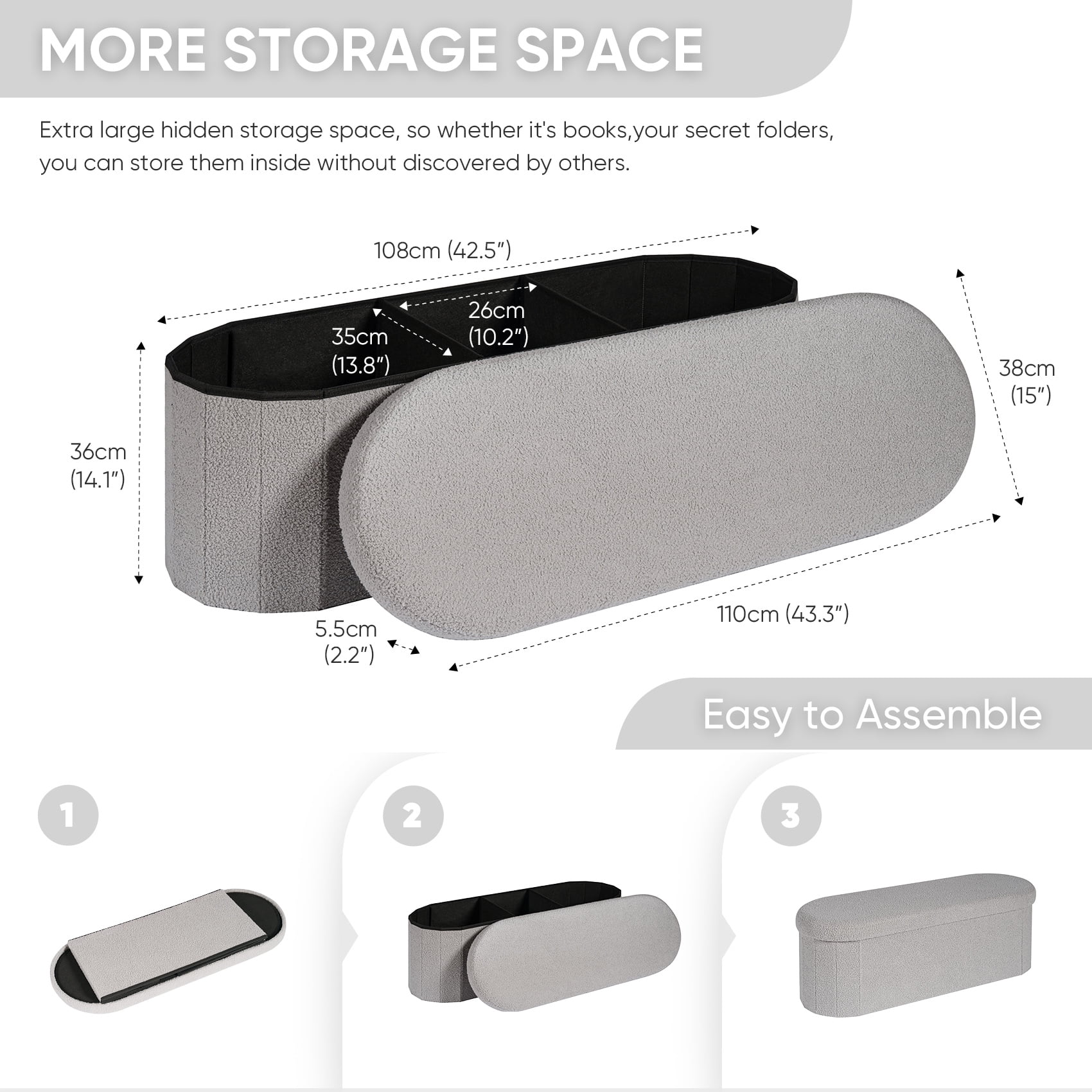 PINPLUS Storage Ottoman Bench Tufted Oval Ottoman Bench Foot Rest Velvet Bench with Storage 43" Grey