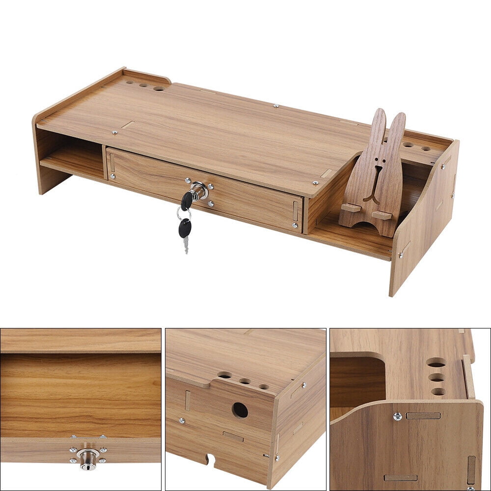 Loyalheartdy Computer Monitor Riser Stand Cherry Wood Color Density Board Laptop Shelf W/ Lockable Drawer for Home, Office