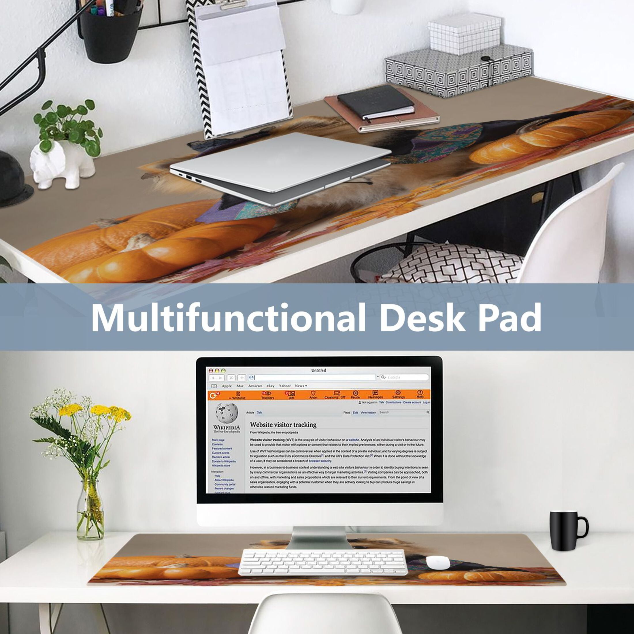 Leather Keyboard and Mouse Desk Mat Office Desk Accessories Protective Office Desk Decor Desk Pad Mat for Gaming, Work from Home, Office Cute Pomeranian Dog and Pumpkins 16.5" x 35.4"