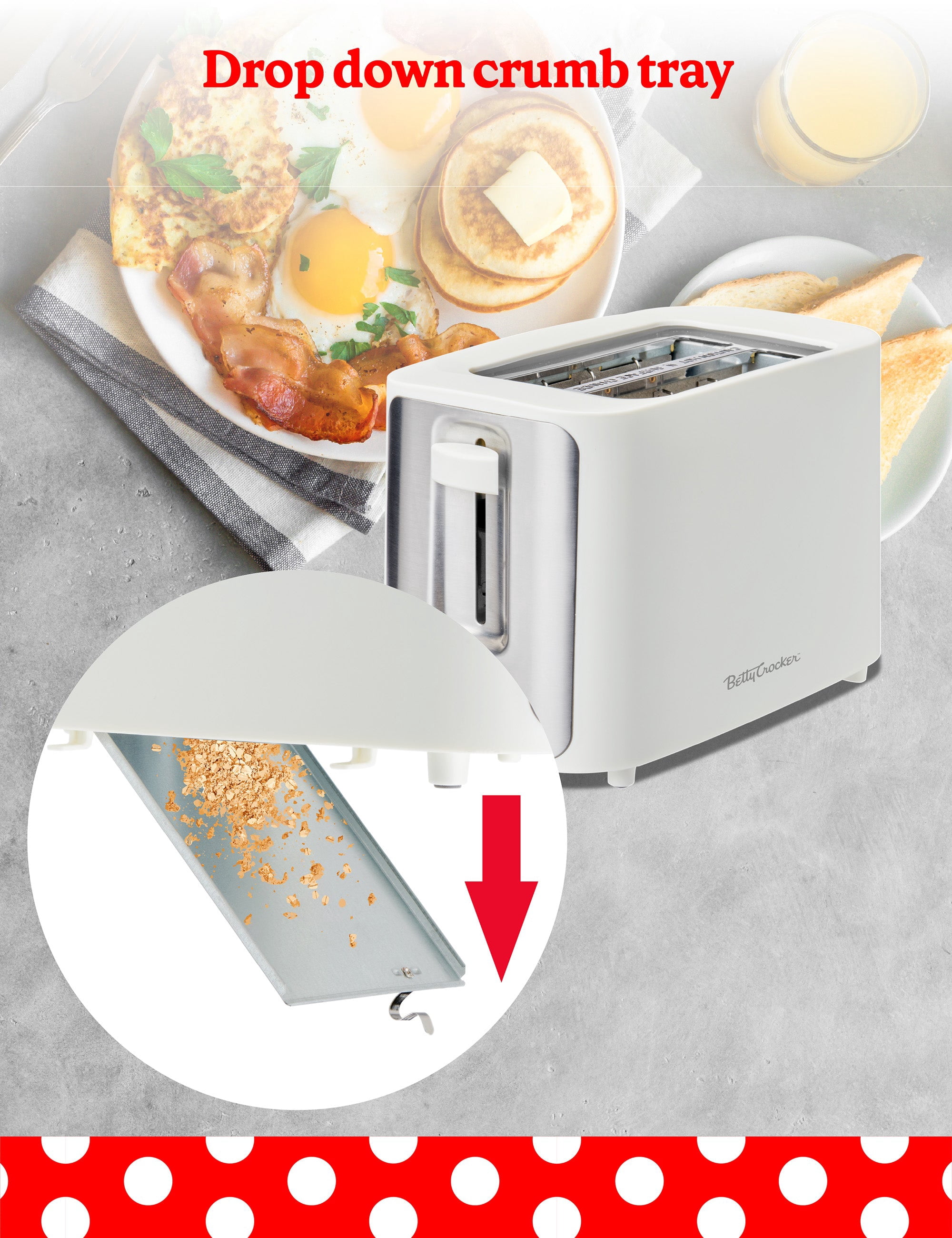 Betty Crocker 2-Slice Toaster, 900W, Variable Toast Shade Control, High Lift Feature, Cool Touch Housing, Bread Centering Guides, BC-5632W, White