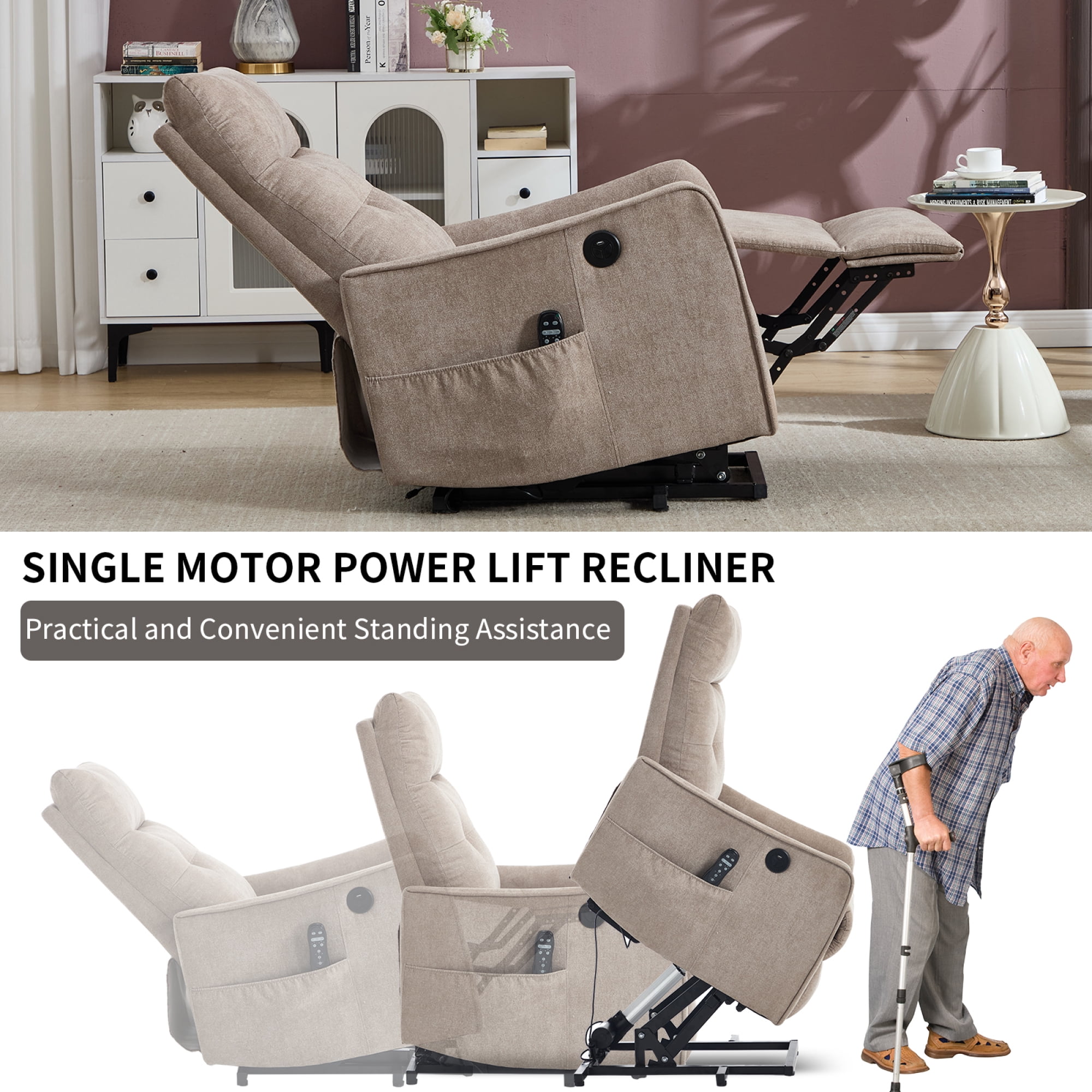 Leumius Power Lift Recliner Chair with Massage and Heat for Elderly,Heavy Duty Electric Reclining Chair with Side Pockets,USB Charge Port for Living Room,Khaki+Chenille