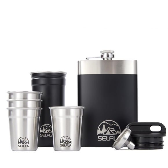 Juego de Vasos de Shot SELFLA de Acero Inoxidable para Viaje 75 mL x4 con Petaca