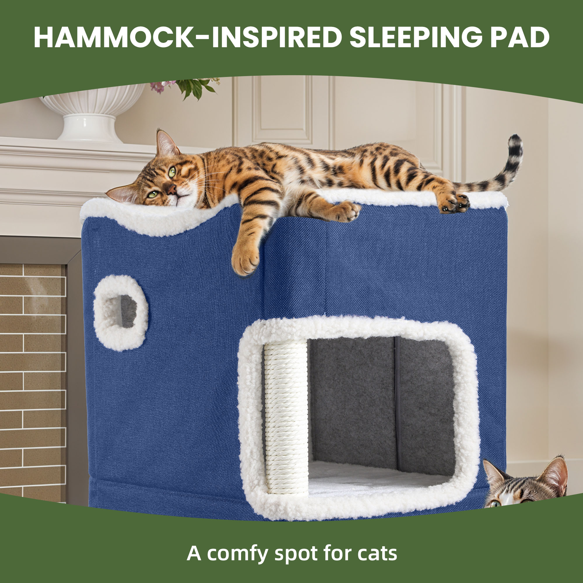 Uforic 2-Tier Indoor Cat Condo with Scratch Pad, Tunnels & Hideaway Cube, Navy Blue