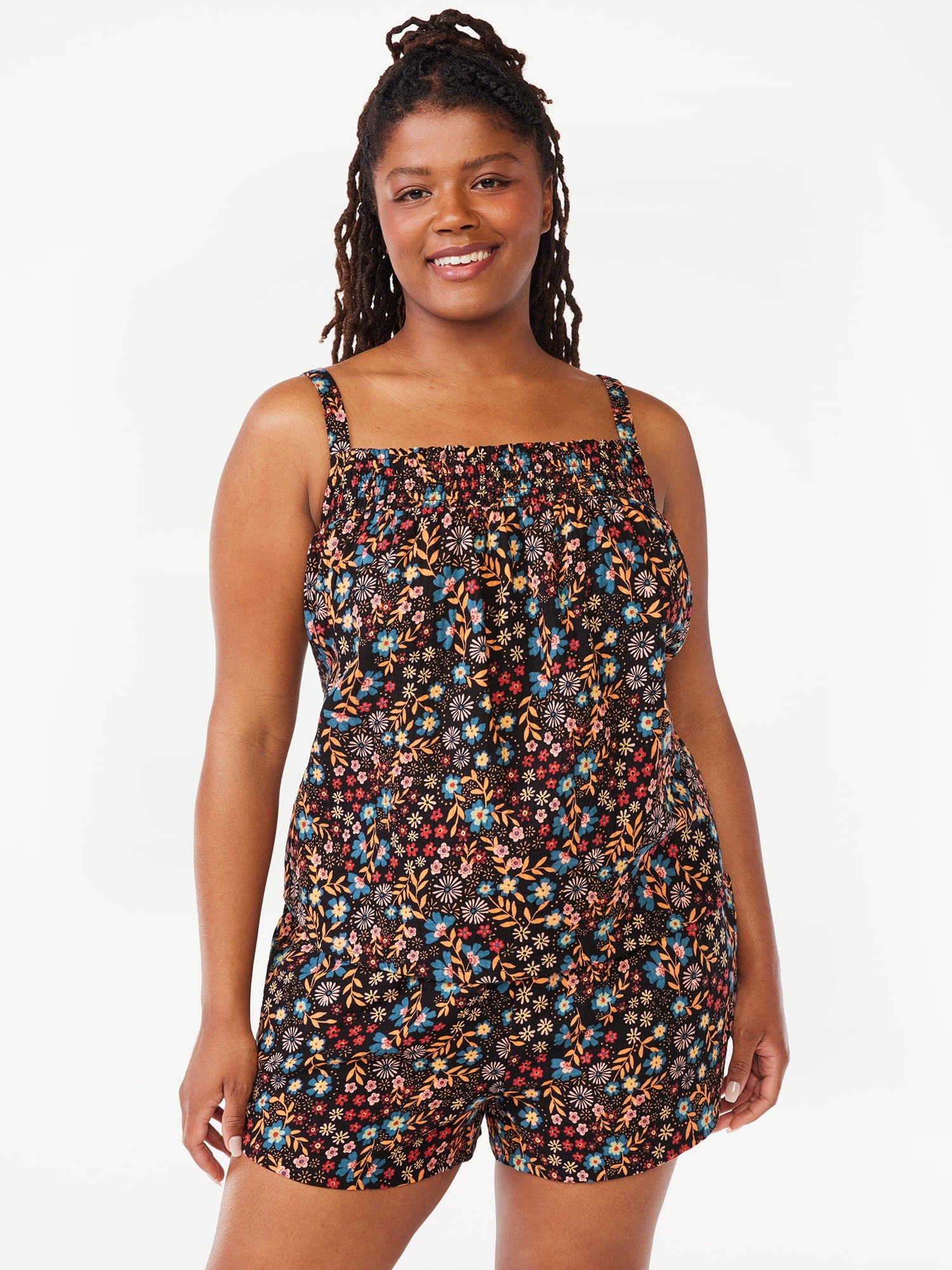 Joyspun Women's Gauze Smocked Top and Shorts Pajama Set, 2-Piece, Sizes S to 3X