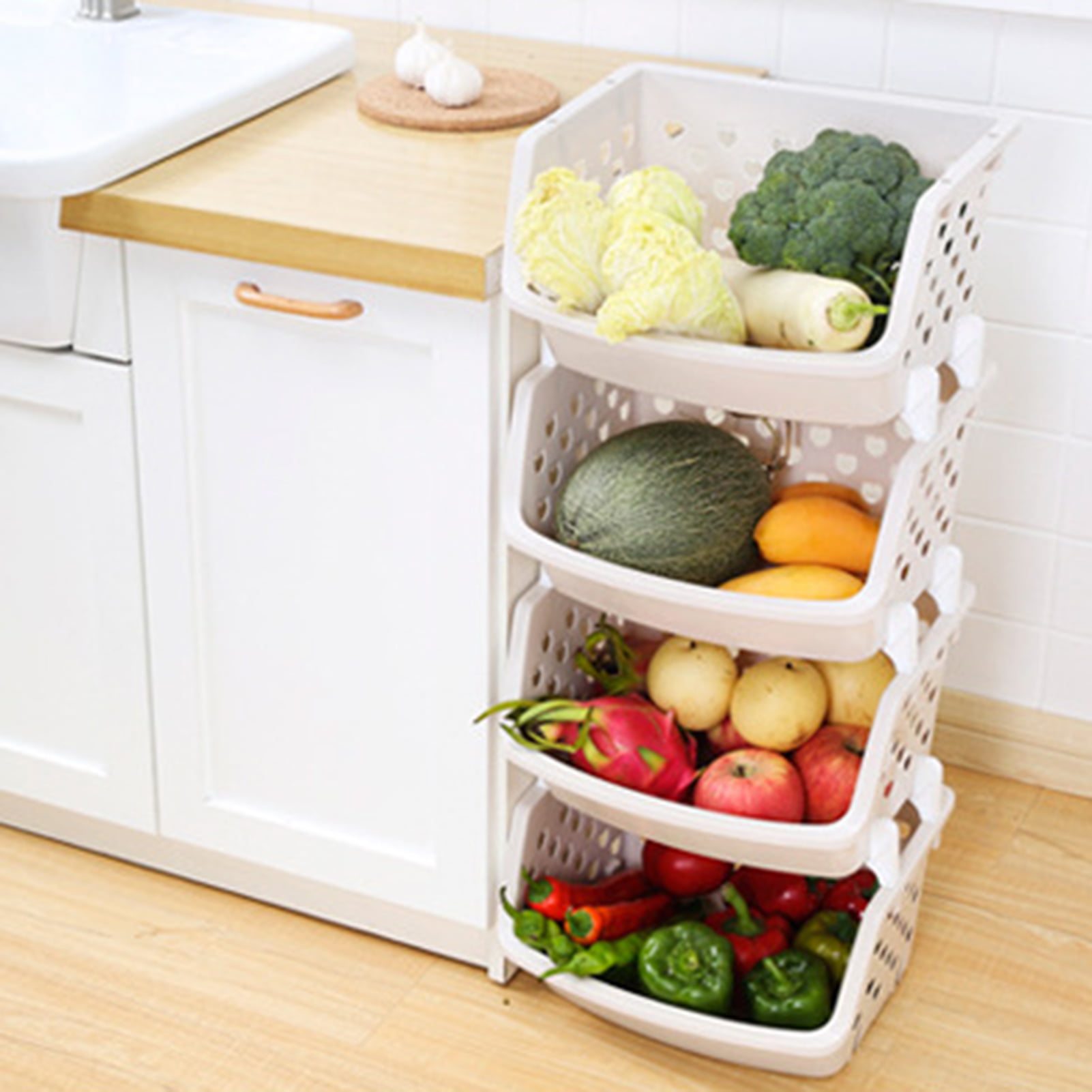 HYmarket Durable Stackable Storage Basket Hollow Fruit Vegetable Organizer  Kitchen Tool 