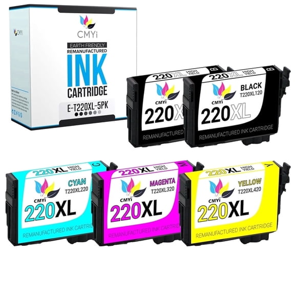 CMYi 220XL Compatible with Epson Color Ink Cartridges for Printers, Expression, WorkForce Series, 2 Black, 1 Cyan, 1 Magenta, 1 Yellow, 5 Pack