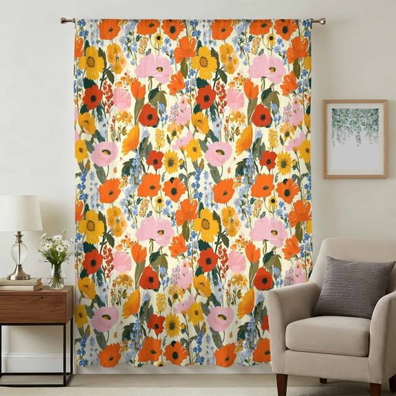 Floral Sheer Curtains 63 Inches Long, Spring Poppy Daisy Flowers Botanical Beige Light Filering Curtains, Breathable Simi Curtain Privacy Drapes for Living Room Bedroom Lightweight Window Treatment