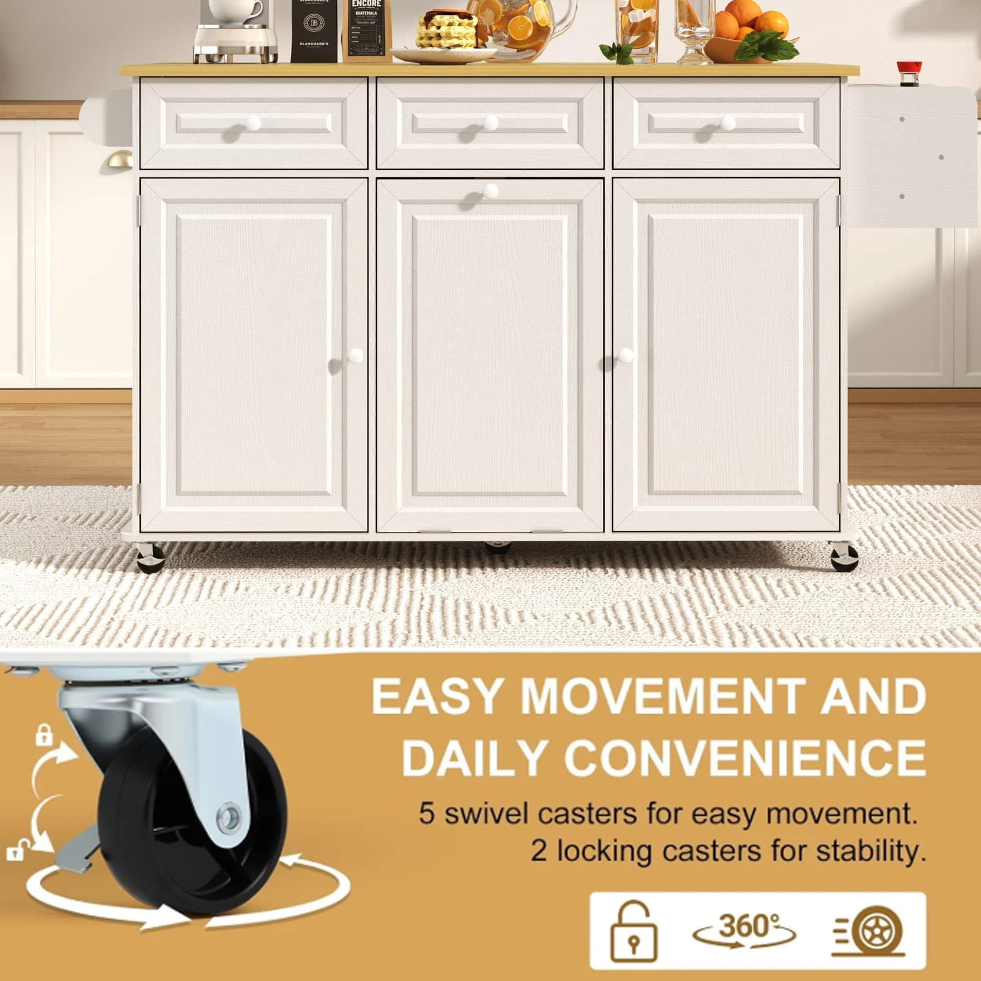 63" Drop-Leaf Kitchen Island Cart with & Sliding Top, Rolling Island Table with Trash Can Storage & Power Outlet, 100lbs Load Capacity