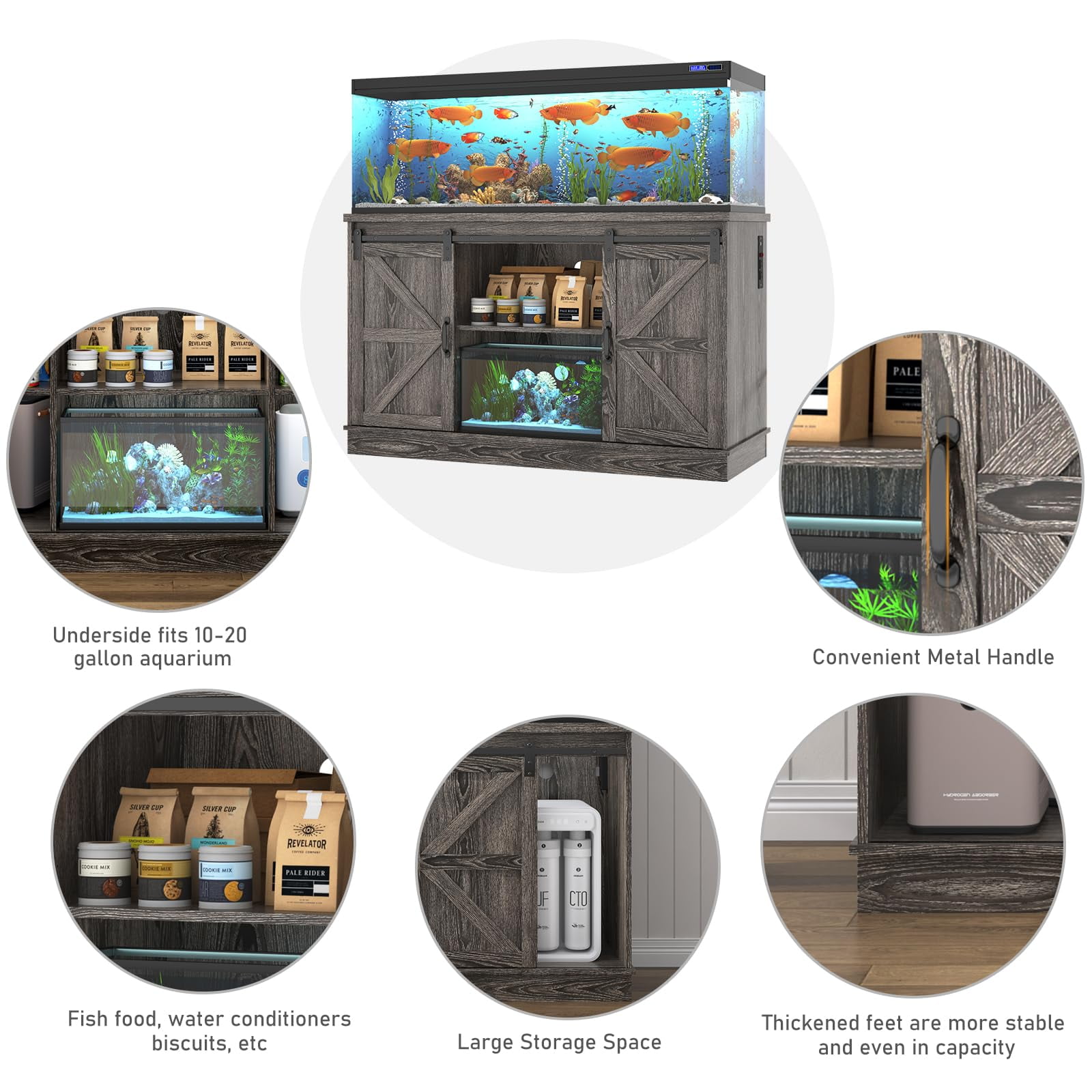 Blotout Farmhouse 55-75 Gallon Fish Tank Stand with Power Outlet, 52"Aquarium Stand with Storage/Sliding Barn Door, Heavy Duty Tank Stand for 2 Fish Tank/Reptile Terrarium, 1000lbs Capacity,Gray