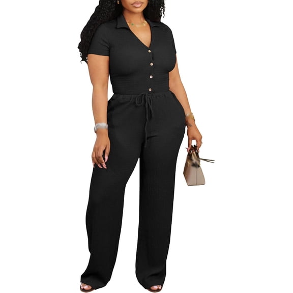 Casual Two Piece Pants Outfits for Women V Neck Short Sleeve Tops Wide Leg Palazzo Pants Sets