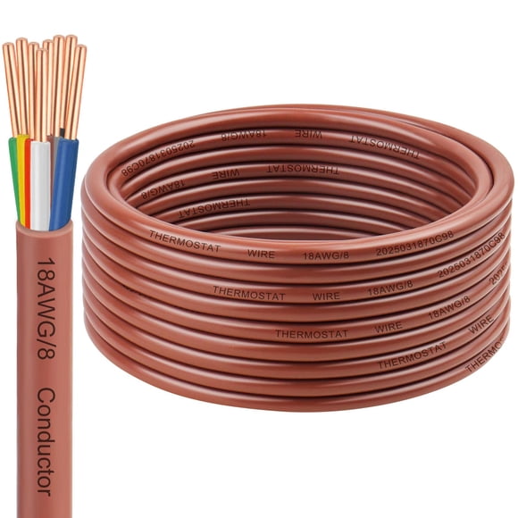 Thermostat Wire 18/8 Gauge 8 Conductor - 30ft, Multi-Conductor Bare Copper Cable, Durable PVC Jacket, Low-Resistance Wiring for HVAC System